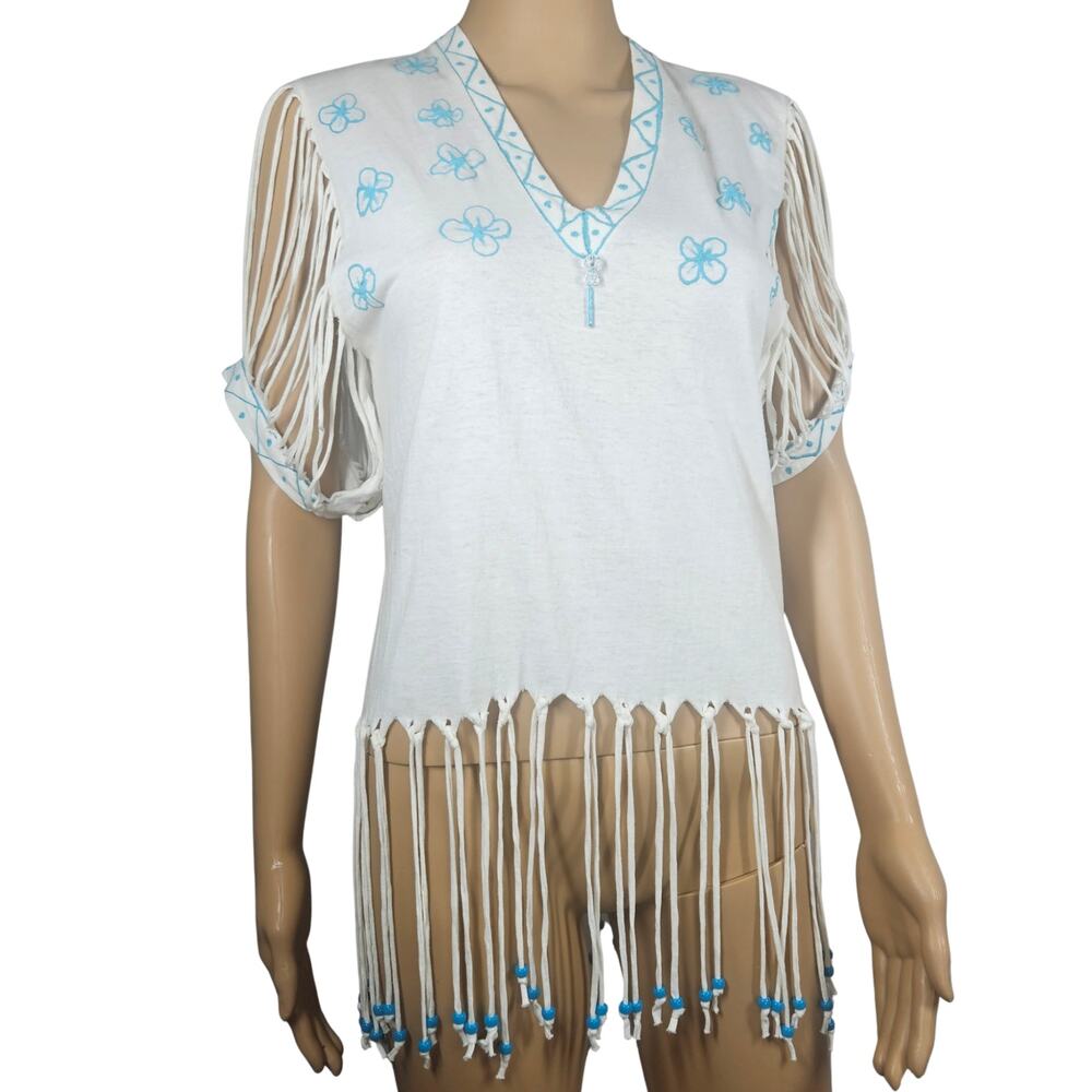 70s Fringe Boho Single Stitch Upcycled Tshirt White Blue Beads Size S 34 -36